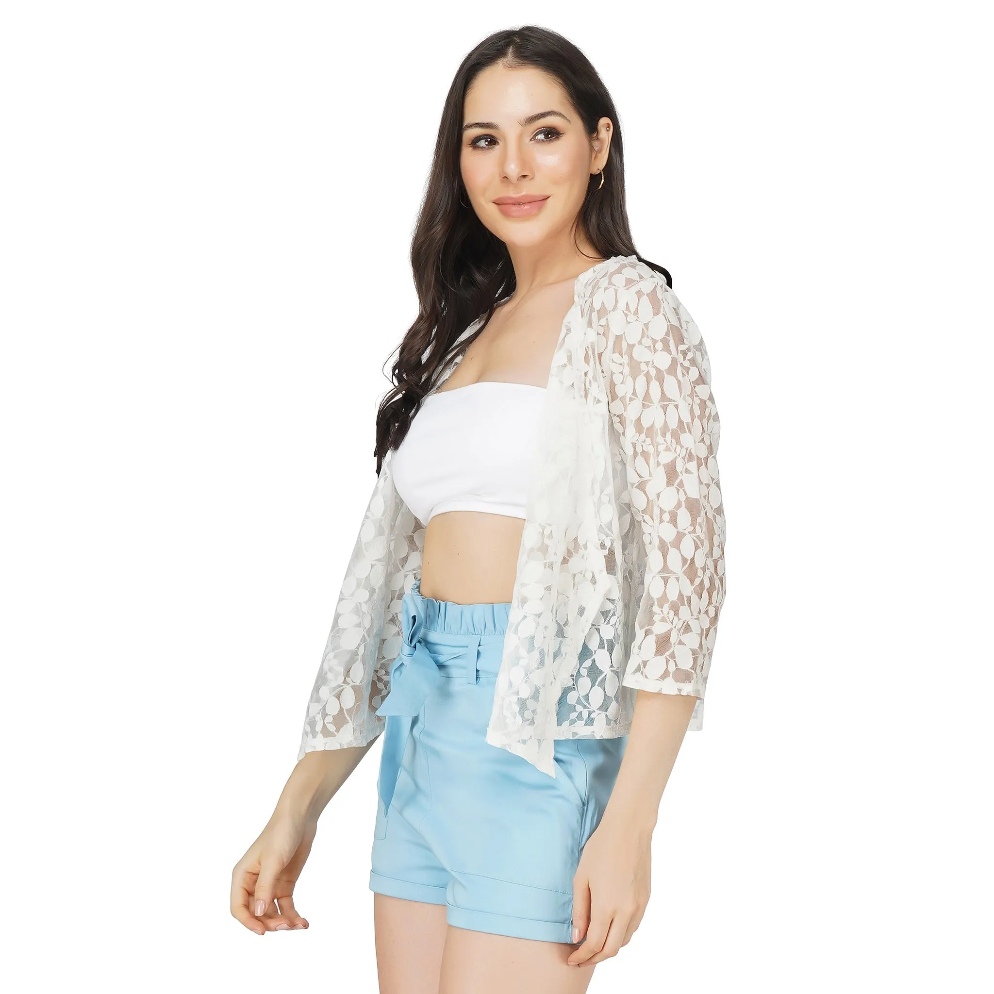 SLAY. Women's White Floral Texture Schiffli Pullover