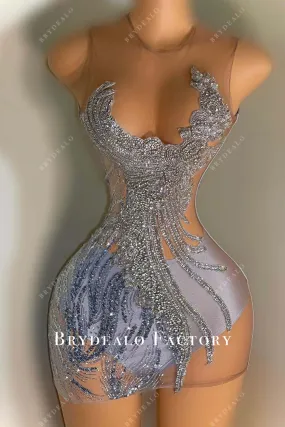 Sleeveless Silver Rhinestones Sheer Mini Bodycon Dress