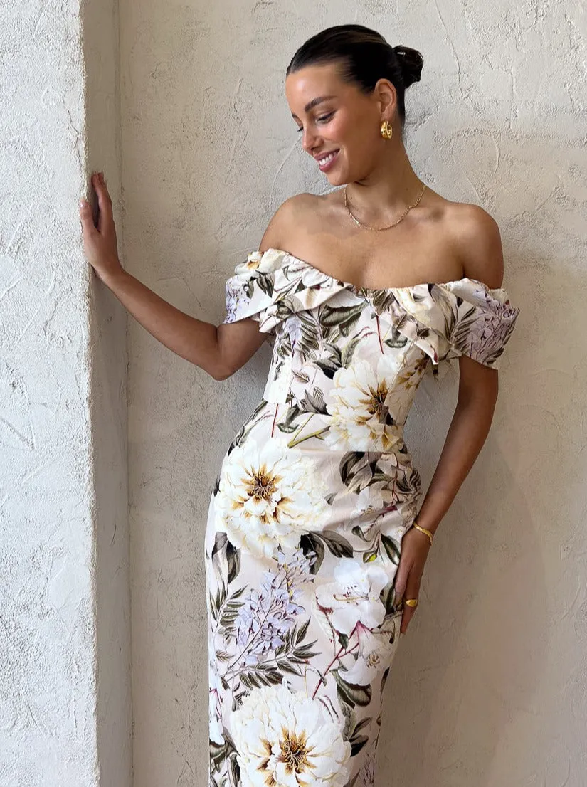 Sofia The Label Hailey Off Shoulder Midi Dress in Flora Print