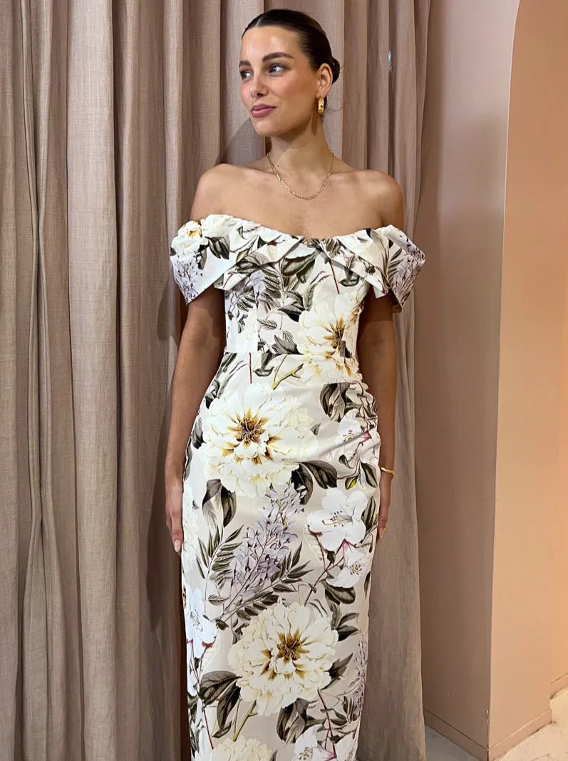 Sofia The Label Hailey Off Shoulder Midi Dress in Flora Print