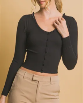 Soft and Plush Cropped Button Front Long Sleeve Top (Assorted Colors)