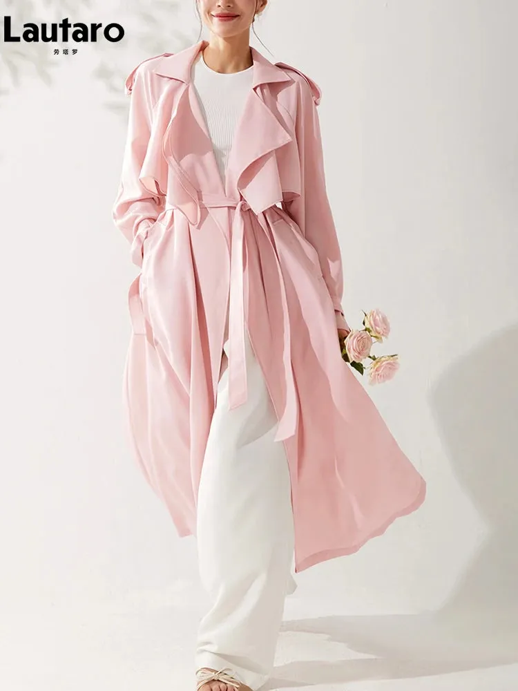 Spring Autumn Long Sweet Thin Flowy Soft Pink Sashes High Quality Luxury Designer 2024 Stylish Coat