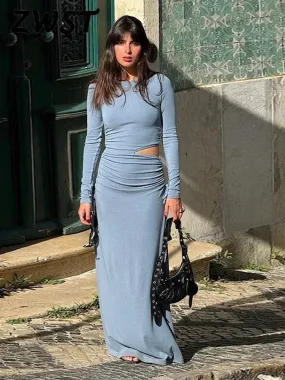 TAVIMART  -  Sexy Blue Hollow Out Maxi Dress Women Elegant Bodycon  Side Pleated Dresses Female Summer Autumn Ladies Fashion Streetwear