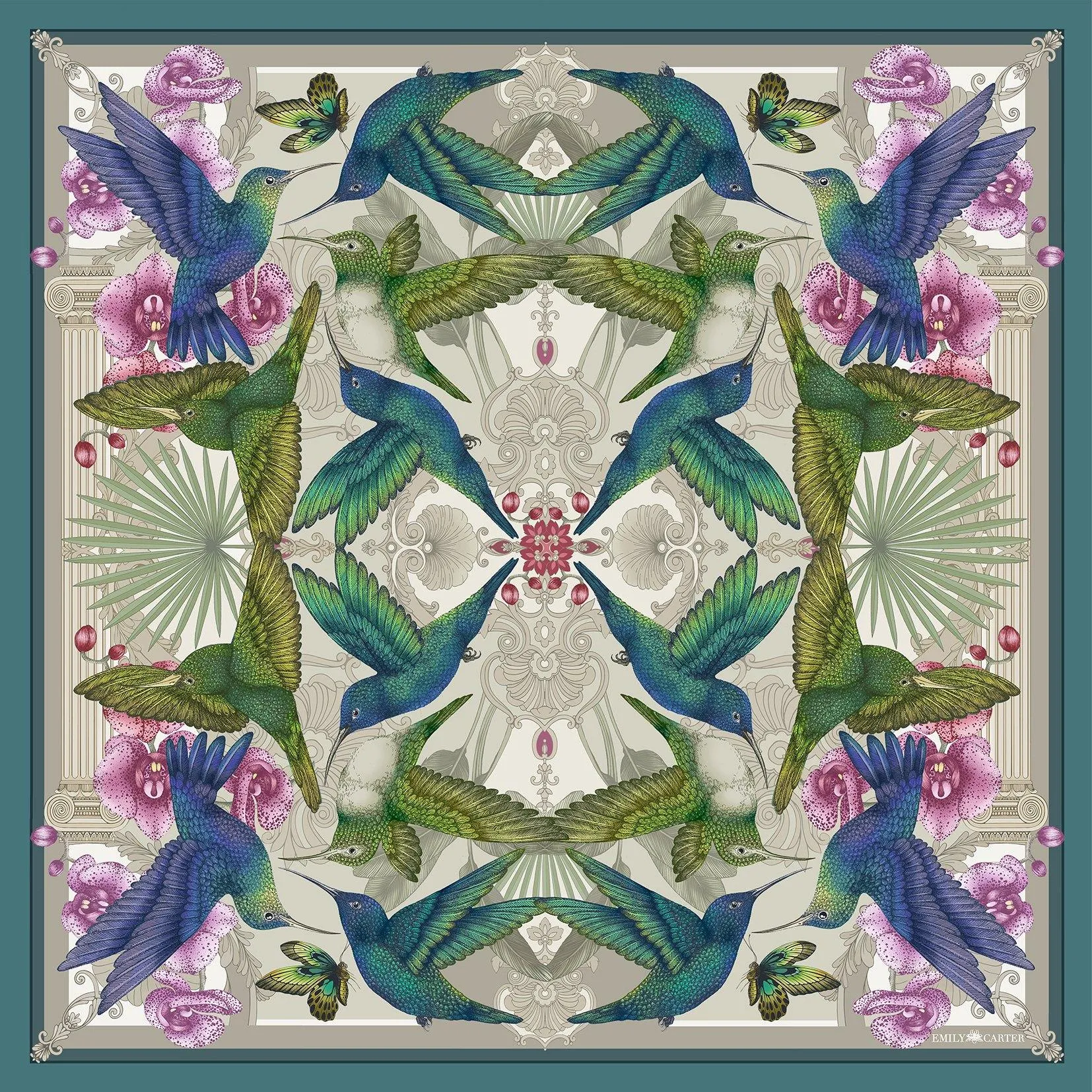 The Hummingbird Temple Silk Scarf | 90x90cm