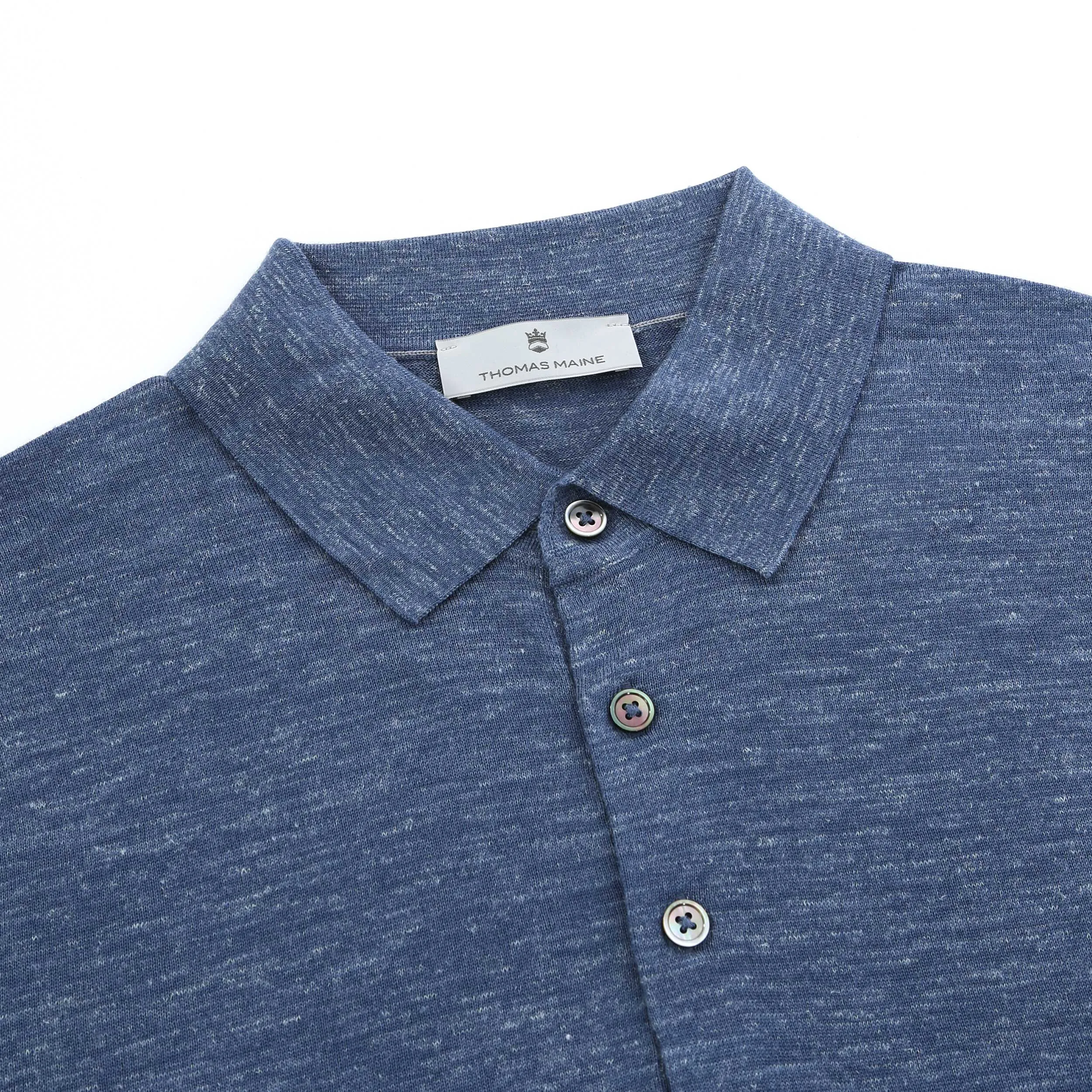 Thomas Maine Silk Linen Mix 3 Button Knit Polo in Blue