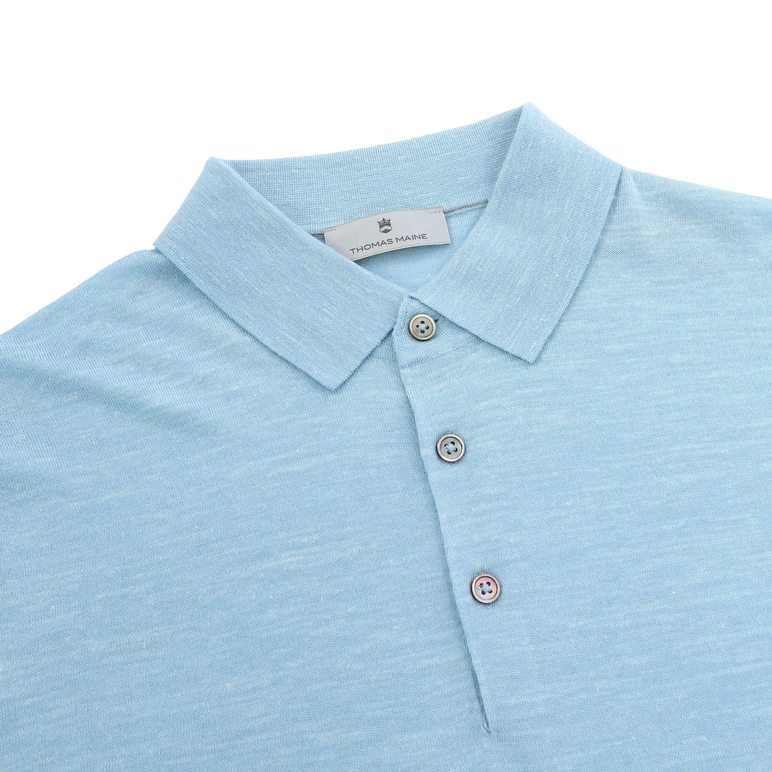 Thomas Maine Silk Linen Mix 3 Button Knit Polo in Sky Blue