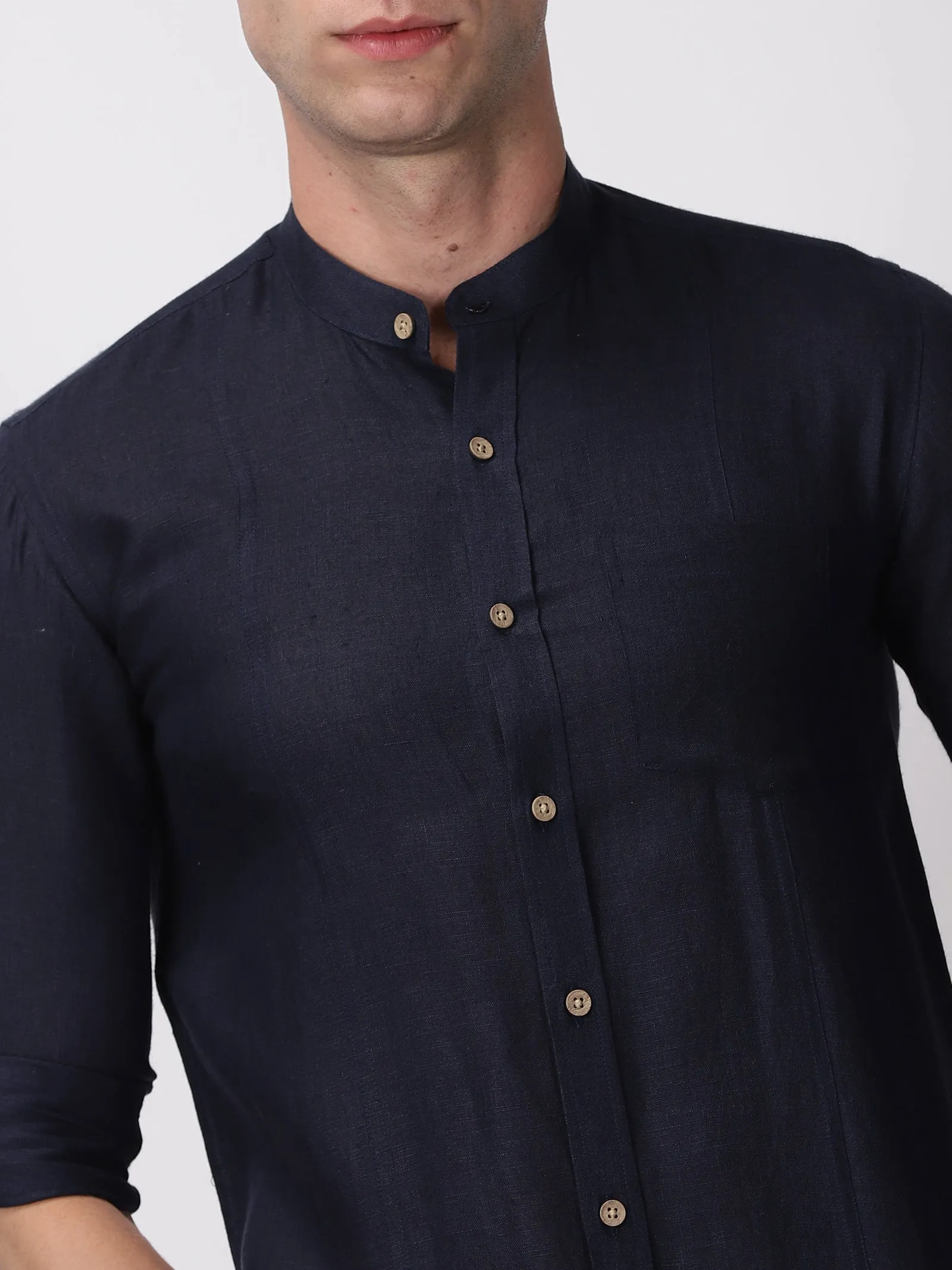 Trevor - Pure Linen Mandarin Collar Full Sleeve Shirt - Dark Blue (Factory Rescue)