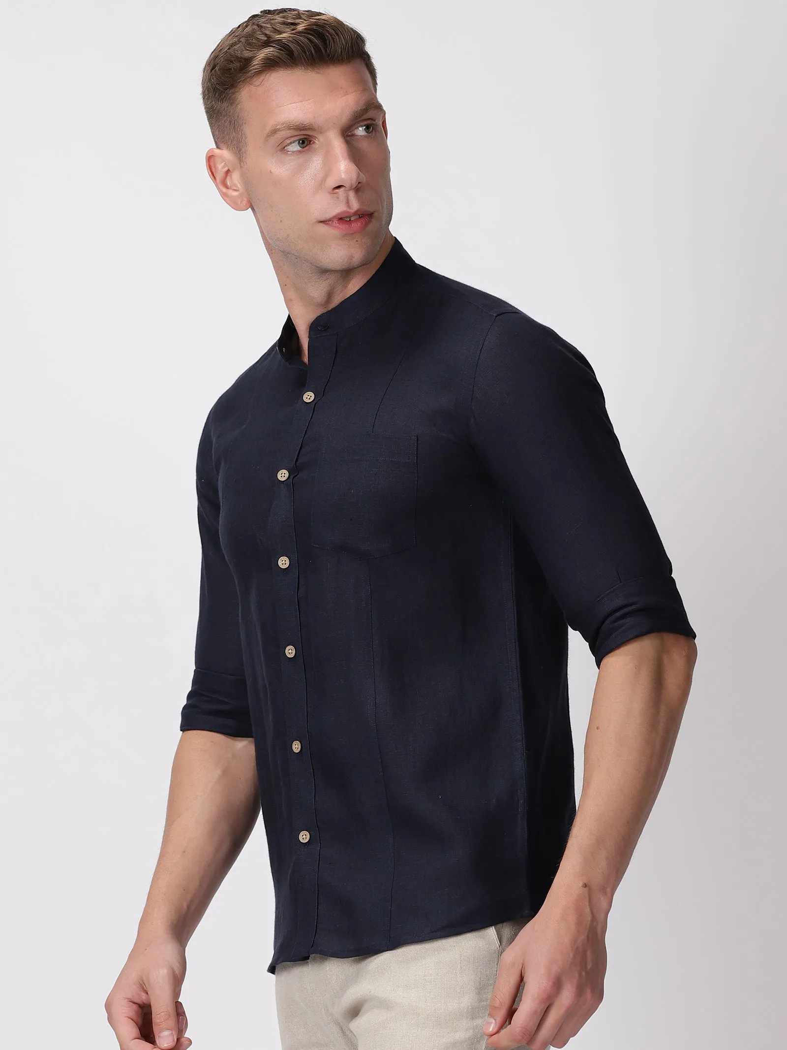 Trevor - Pure Linen Mandarin Collar Full Sleeve Shirt - Dark Blue (Factory Rescue)