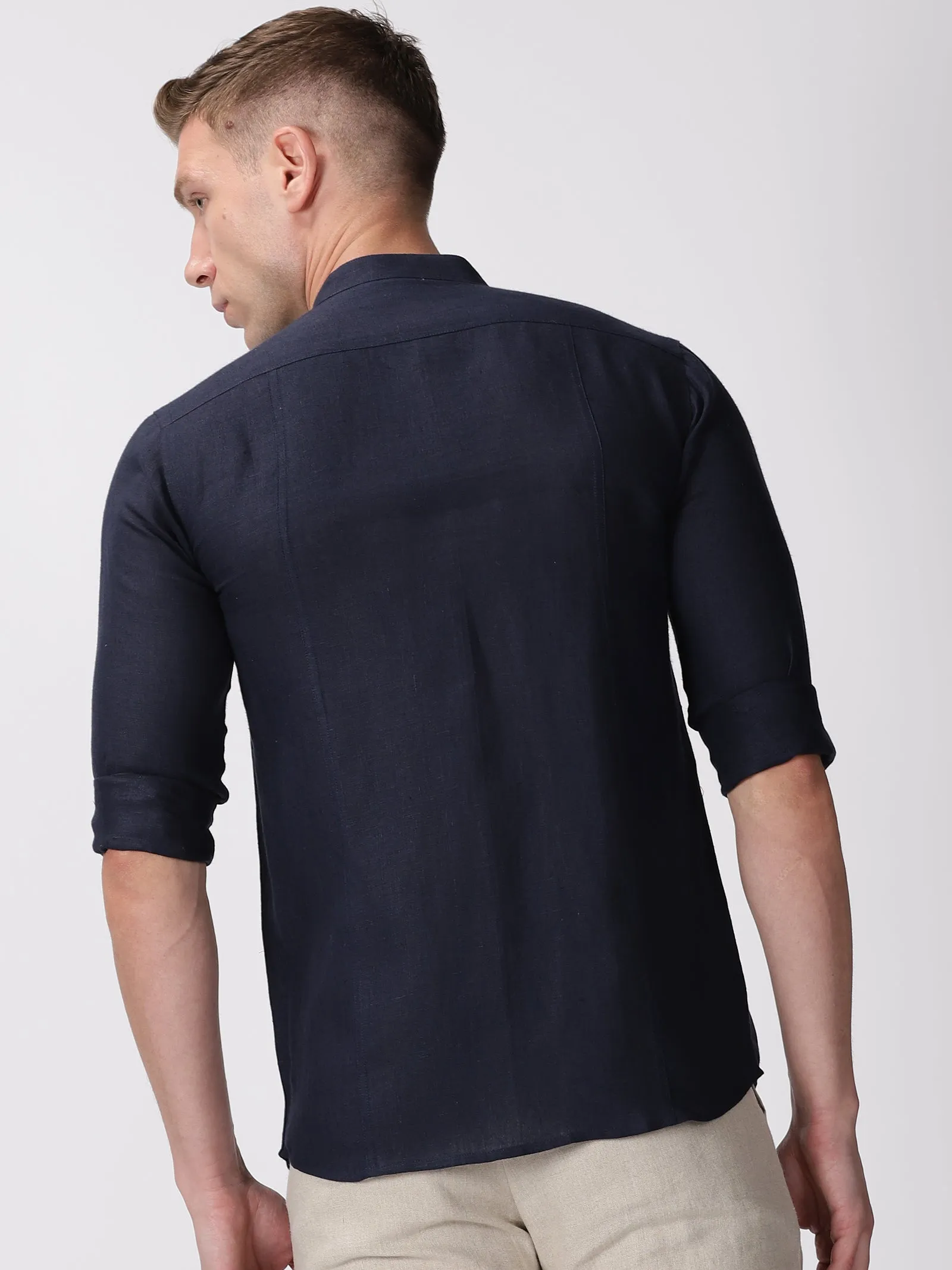 Trevor - Pure Linen Mandarin Collar Full Sleeve Shirt - Dark Blue (Factory Rescue)