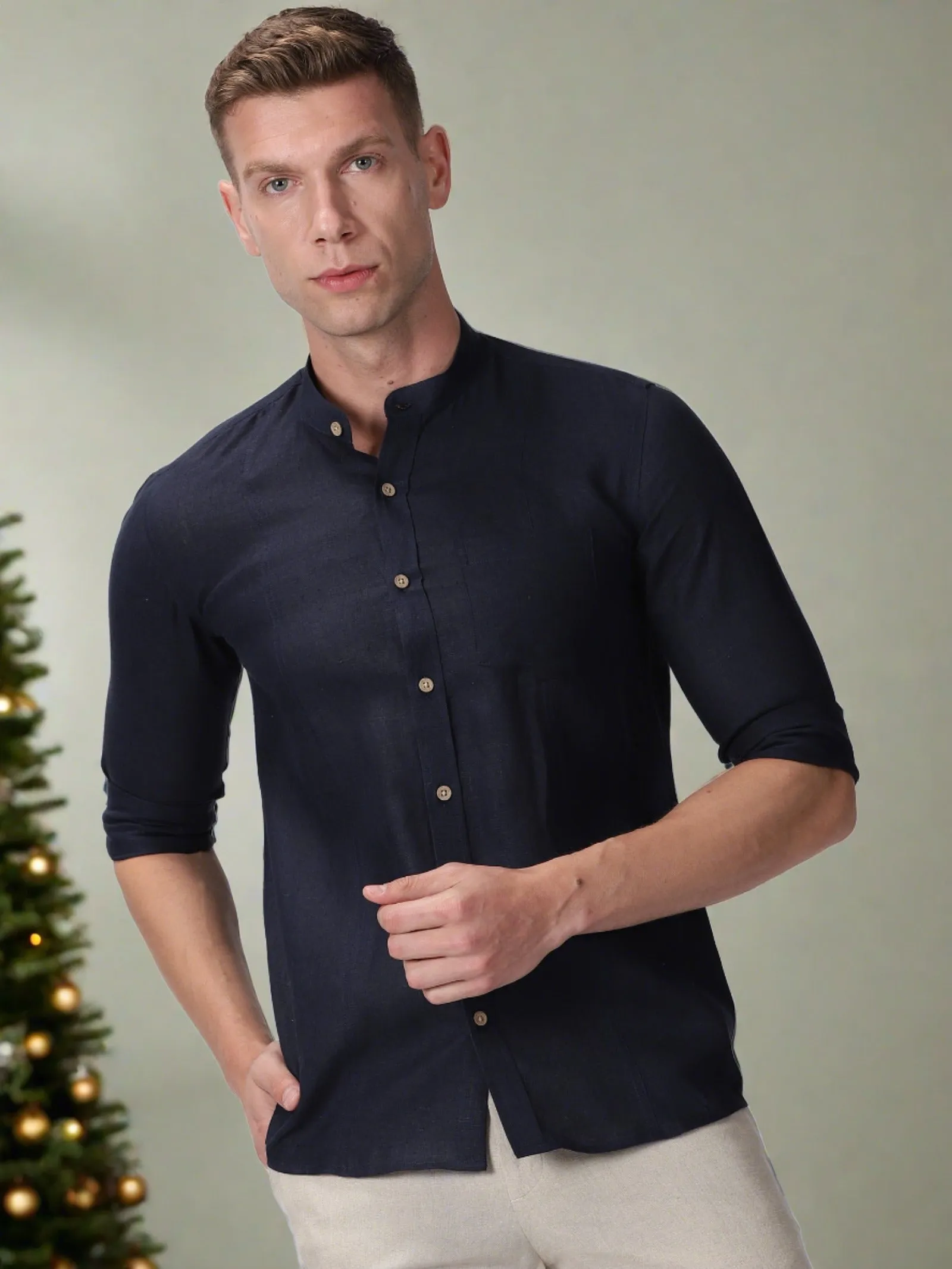 Trevor - Pure Linen Mandarin Collar Full Sleeve Shirt - Dark Blue