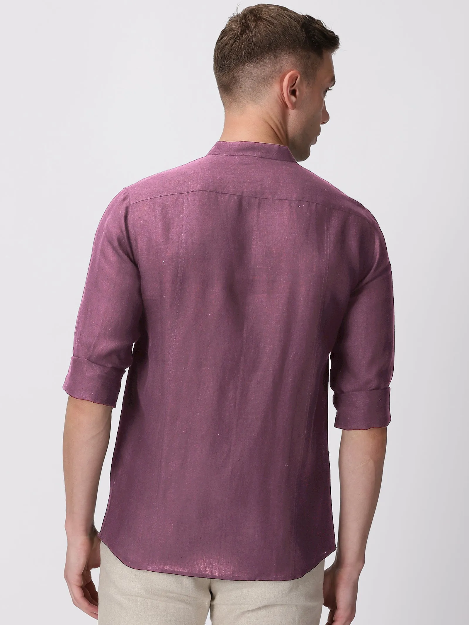 Trevor - Pure Linen Mandarin Collar Full Sleeve Shirt - Twilight Purple