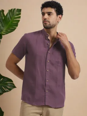 Trevor - Pure Linen Mandarin Collar Half Sleeve Shirt - Berry Purple