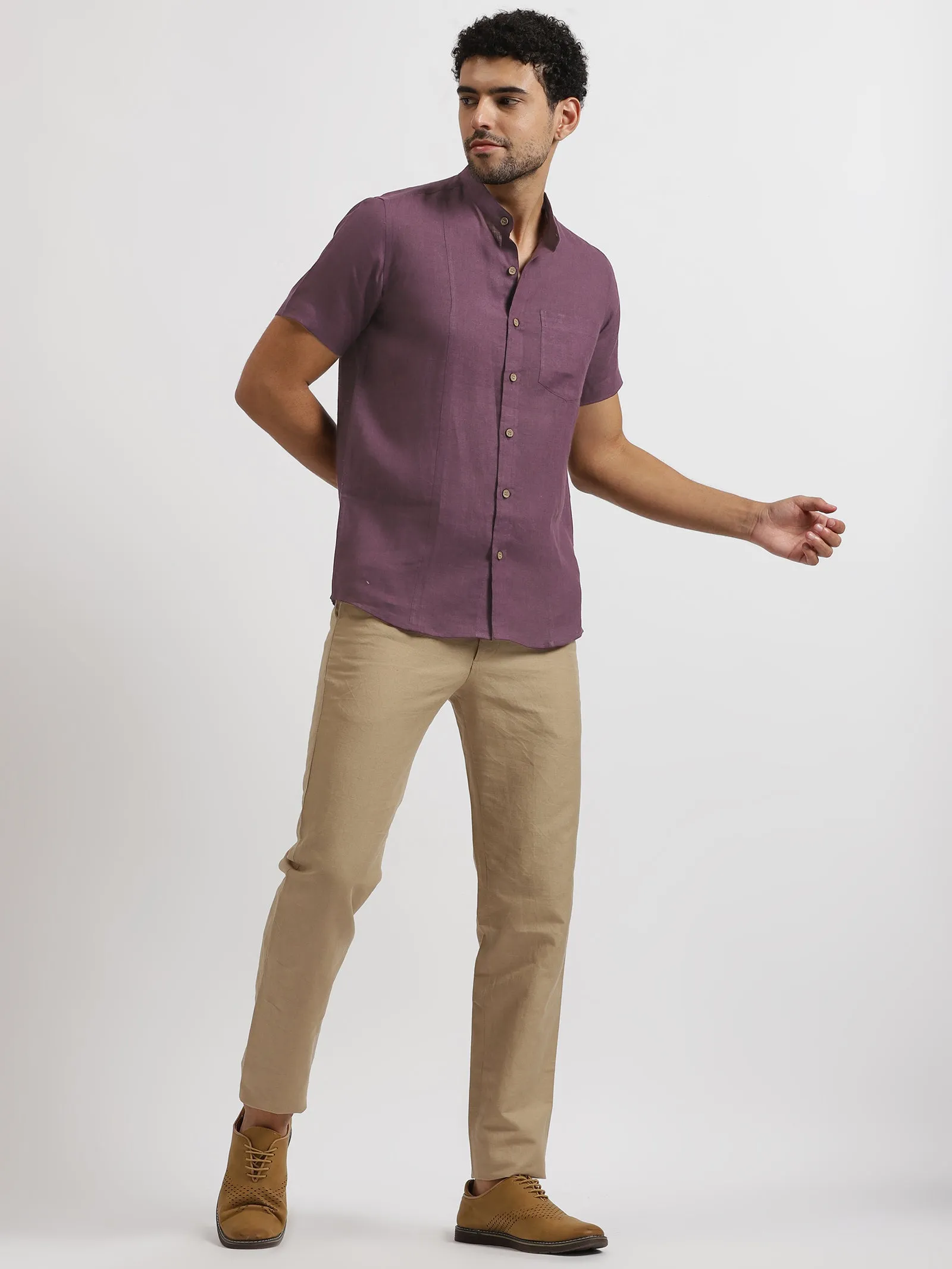 Trevor - Pure Linen Mandarin Collar Half Sleeve Shirt - Berry Purple