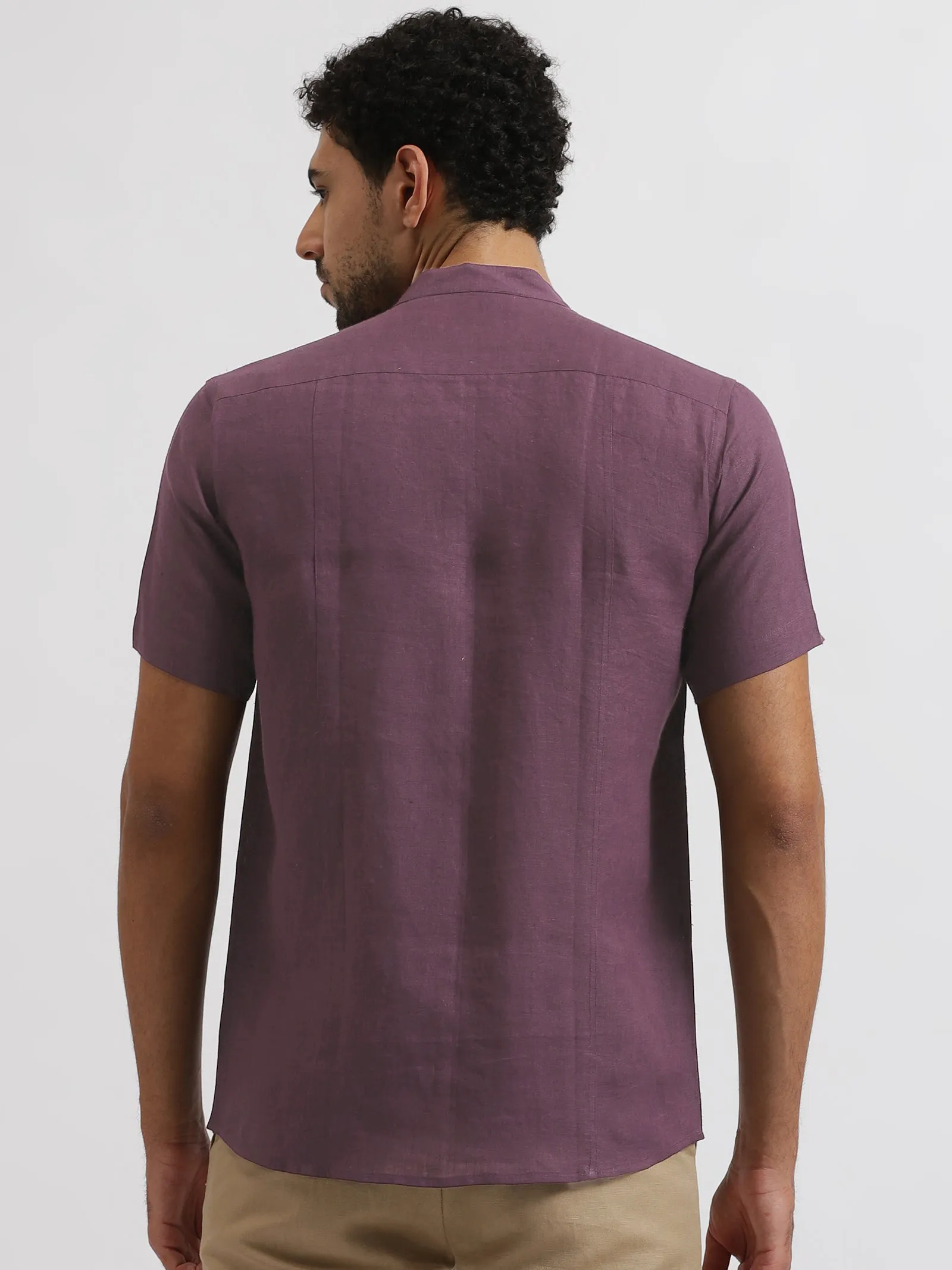 Trevor - Pure Linen Mandarin Collar Half Sleeve Shirt - Berry Purple