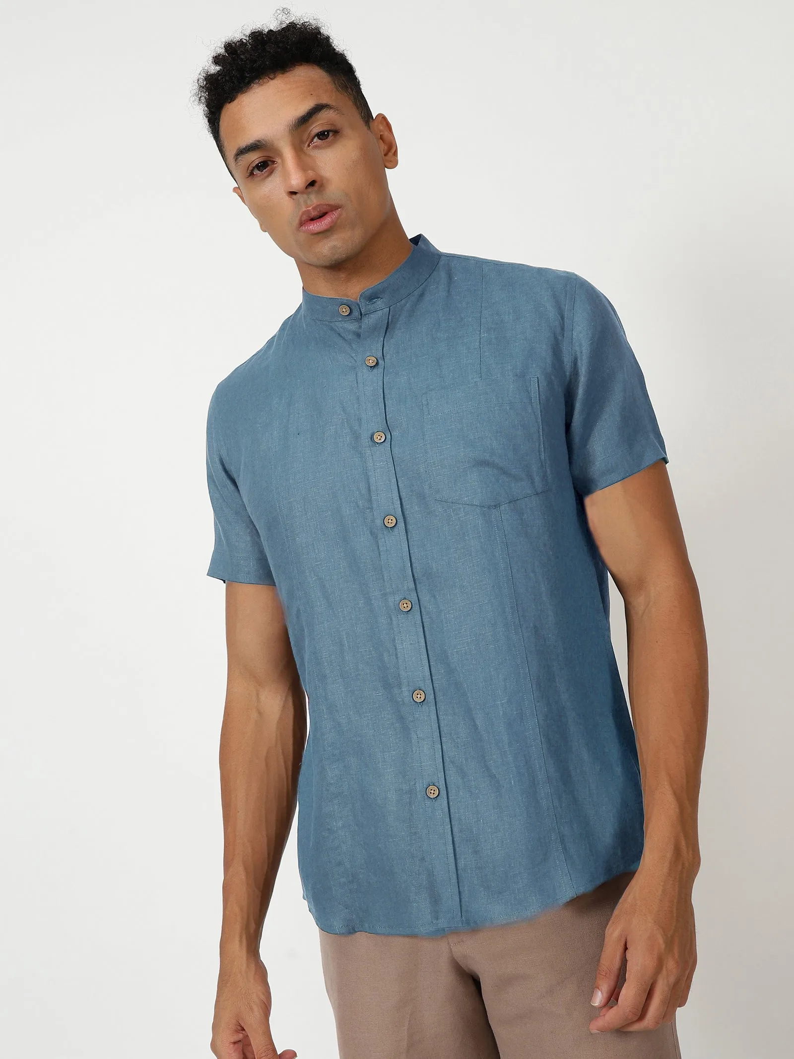 Trevor - Pure Linen Mandarin Collar Half Sleeve Shirt - Blue Grey