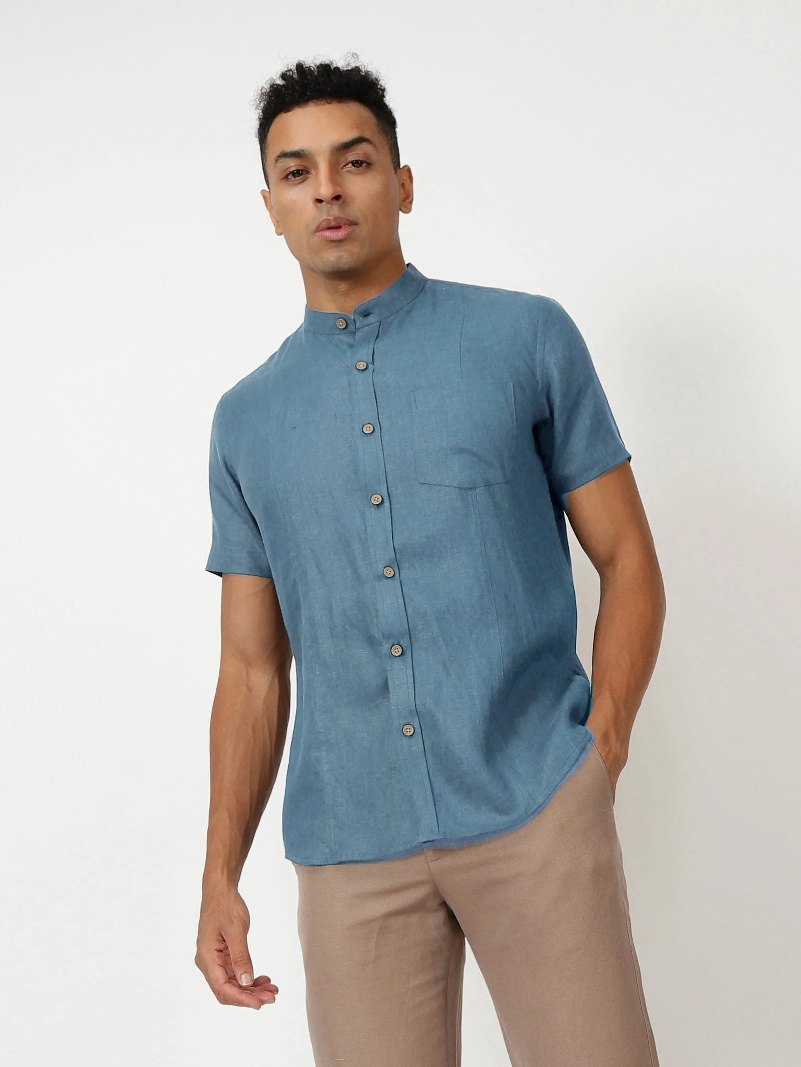 Trevor - Pure Linen Mandarin Collar Half Sleeve Shirt - Blue Grey