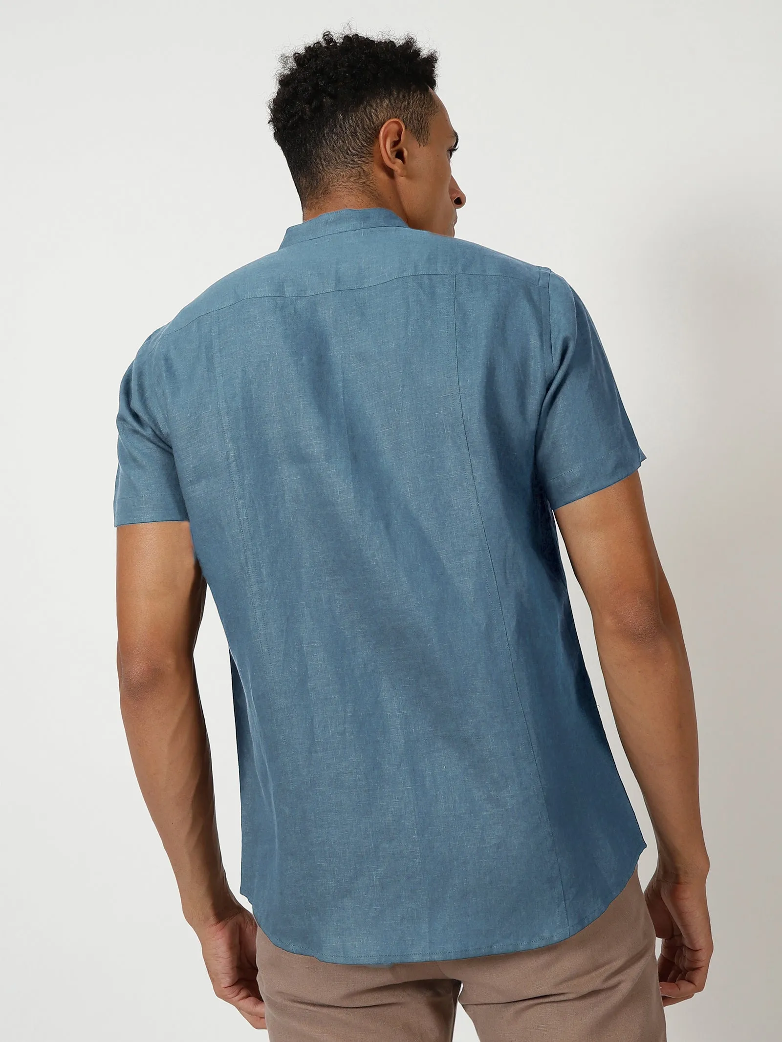 Trevor - Pure Linen Mandarin Collar Half Sleeve Shirt - Blue Grey