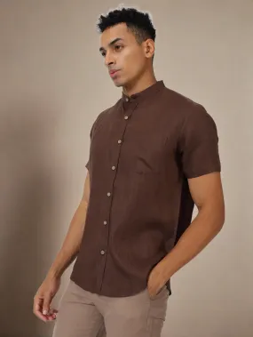 Trevor - Pure Linen Mandarin Collar Half Sleeve Shirt - Coffee Brown (Factory Rescue)