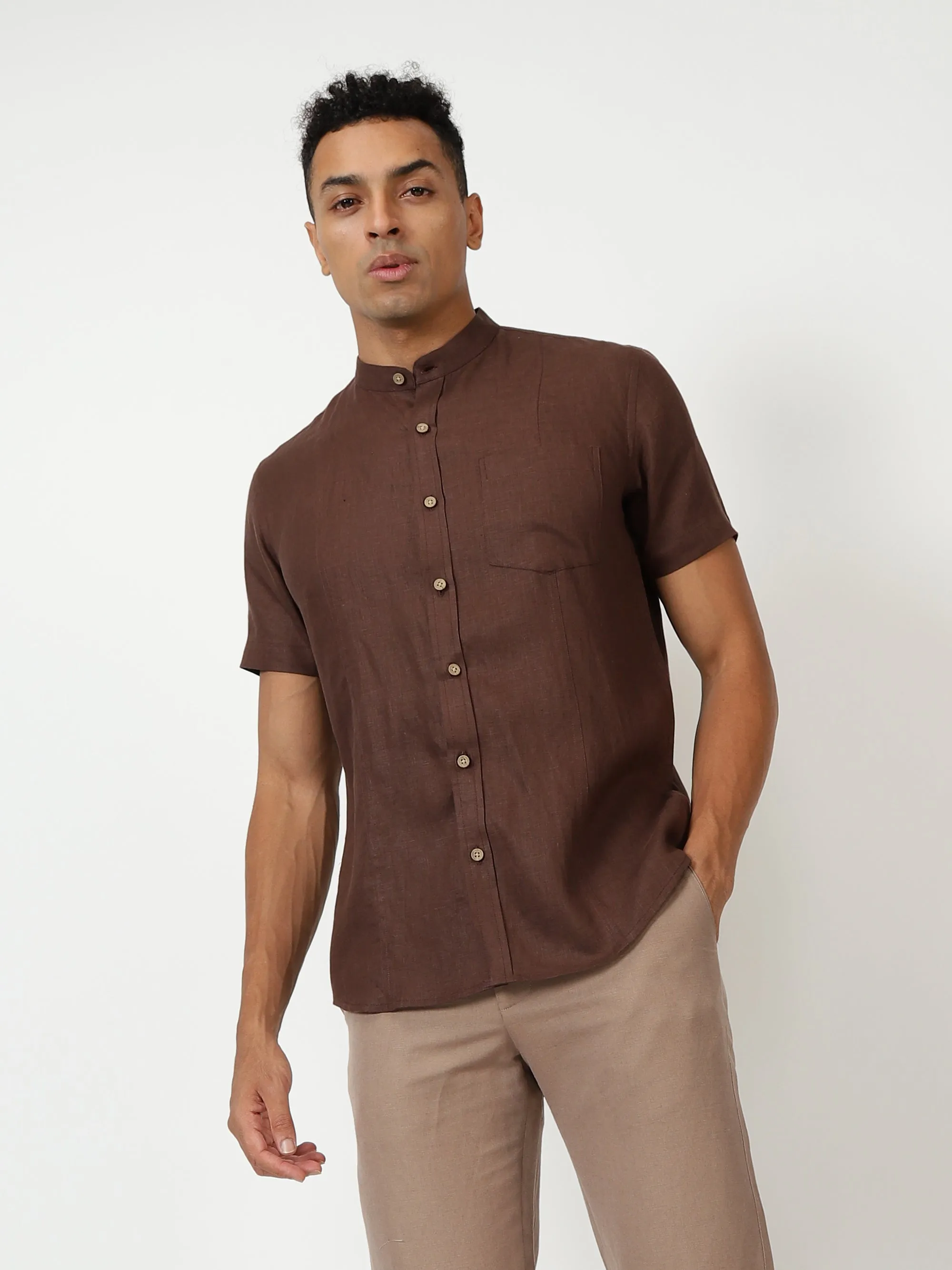 Trevor - Pure Linen Mandarin Collar Half Sleeve Shirt - Coffee Brown