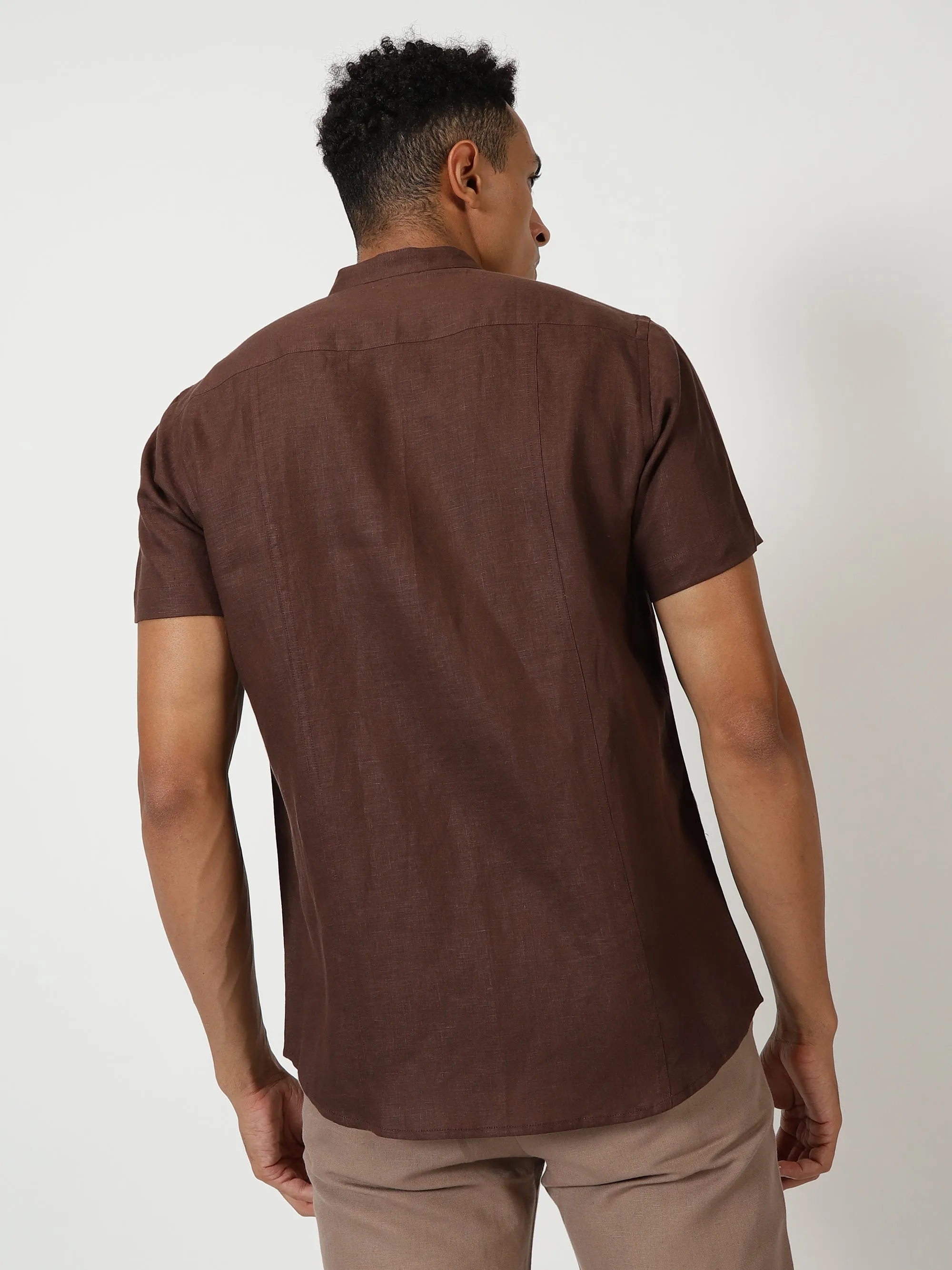 Trevor - Pure Linen Mandarin Collar Half Sleeve Shirt - Coffee Brown