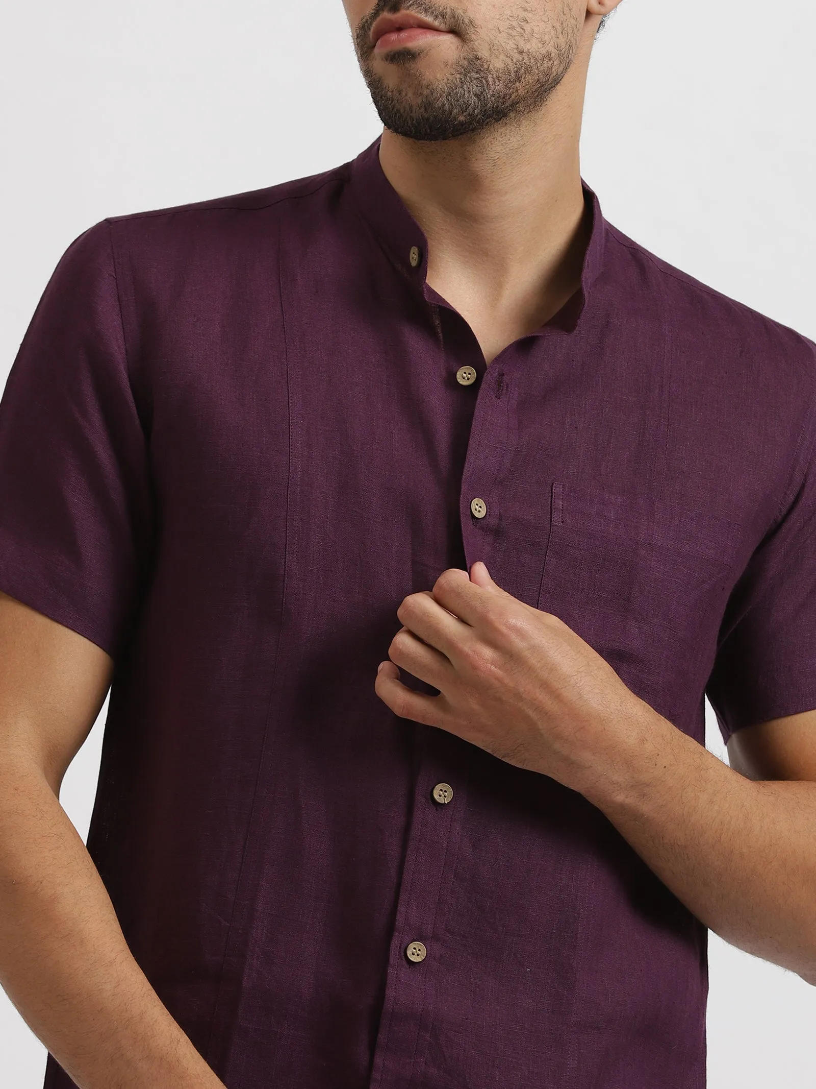 Trevor - Pure Linen Mandarin Collar Half Sleeve Shirt - Dark Purple