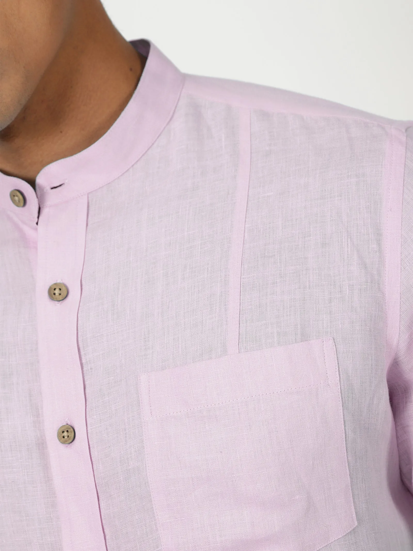 Trevor - Pure Linen Mandarin Collar Half Sleeve Shirt - Light Lilac Pink