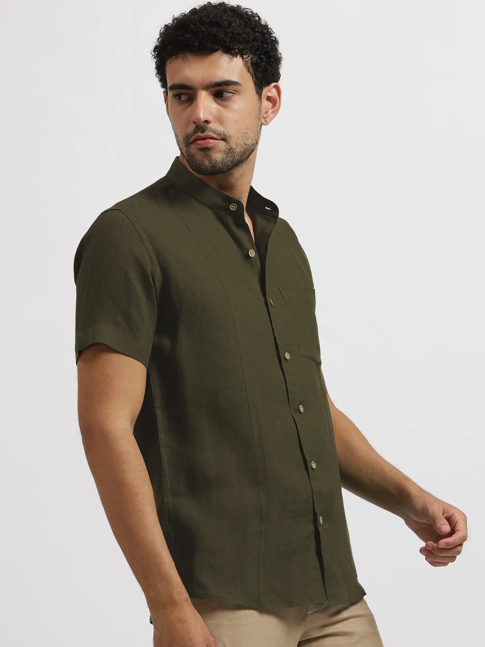 Trevor - Pure Linen Mandarin Collar Half Sleeve Shirt - Moss Green (Factory Outlet)