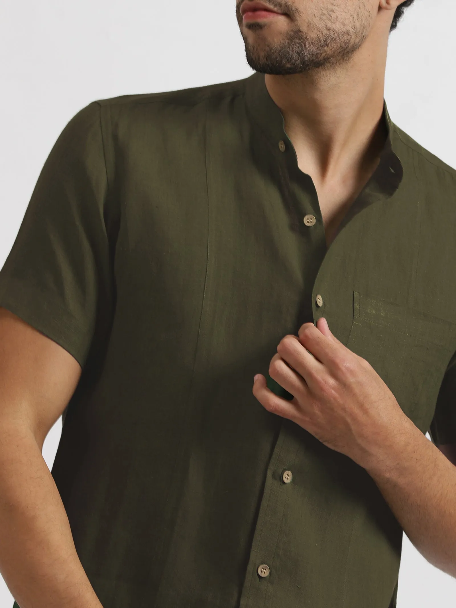 Trevor - Pure Linen Mandarin Collar Half Sleeve Shirt - Moss Green (Factory Outlet)