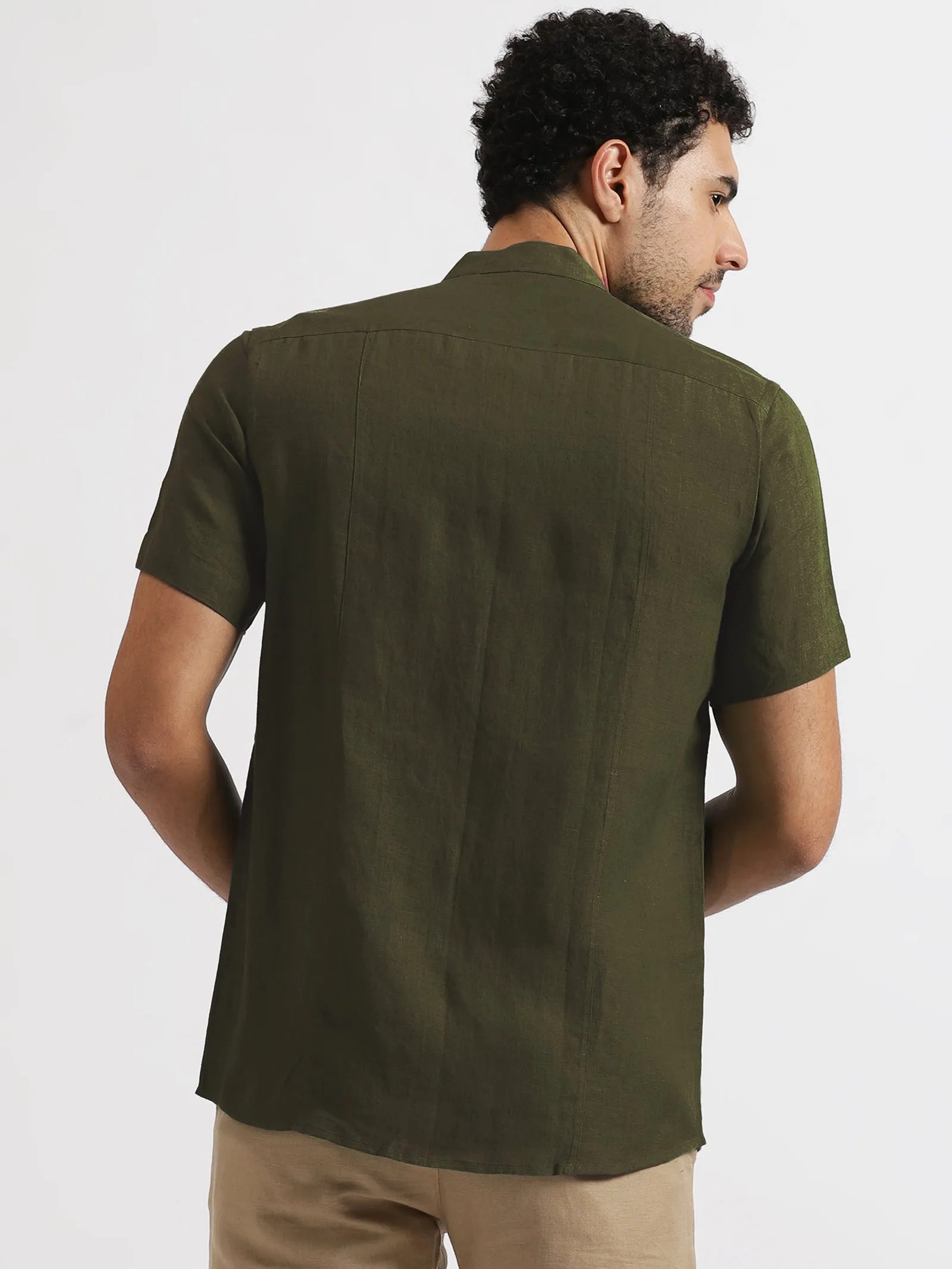 Trevor - Pure Linen Mandarin Collar Half Sleeve Shirt - Moss Green (Factory Outlet)