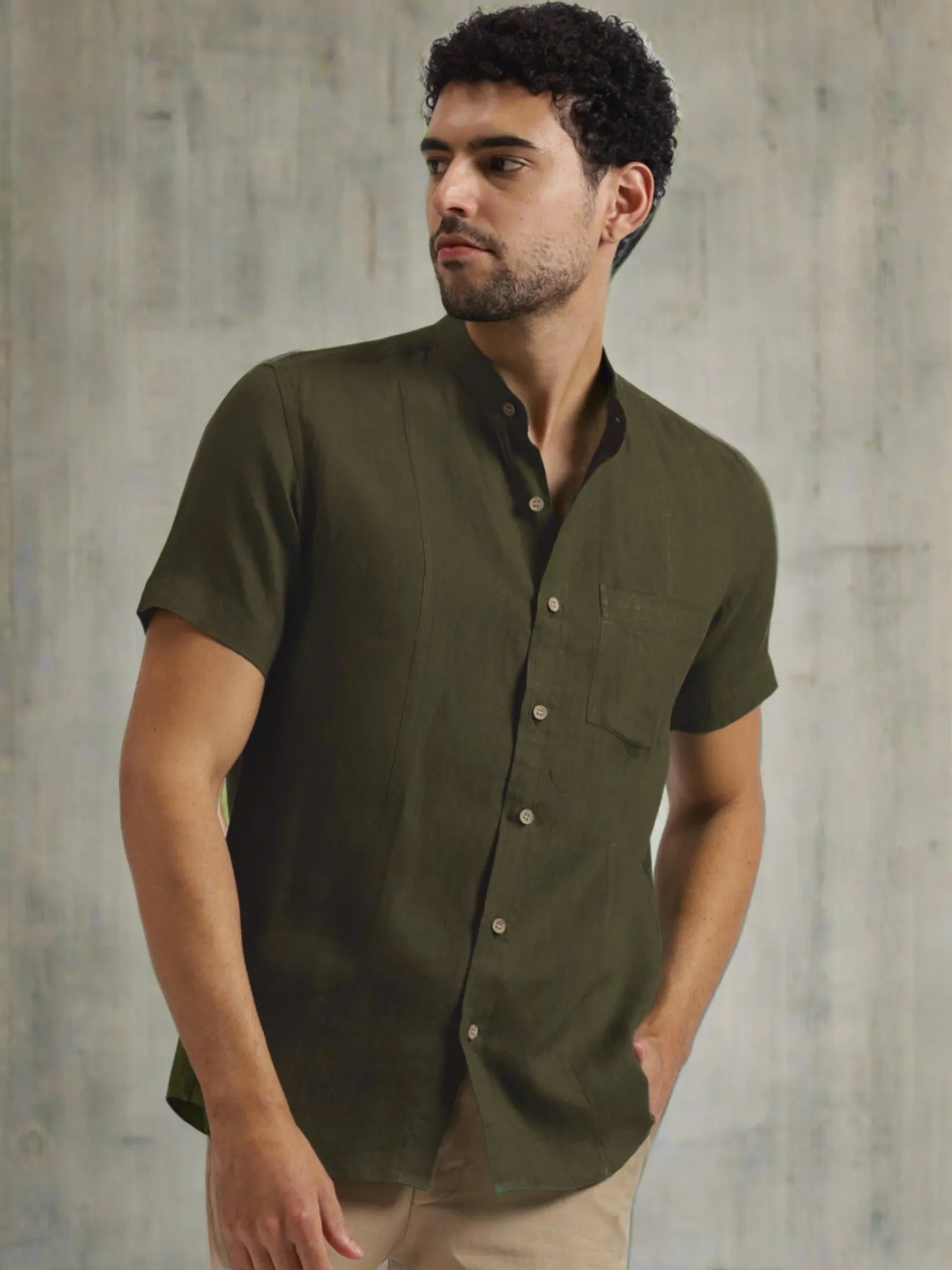 Trevor - Pure Linen Mandarin Collar Half Sleeve Shirt - Moss Green (Factory Outlet)