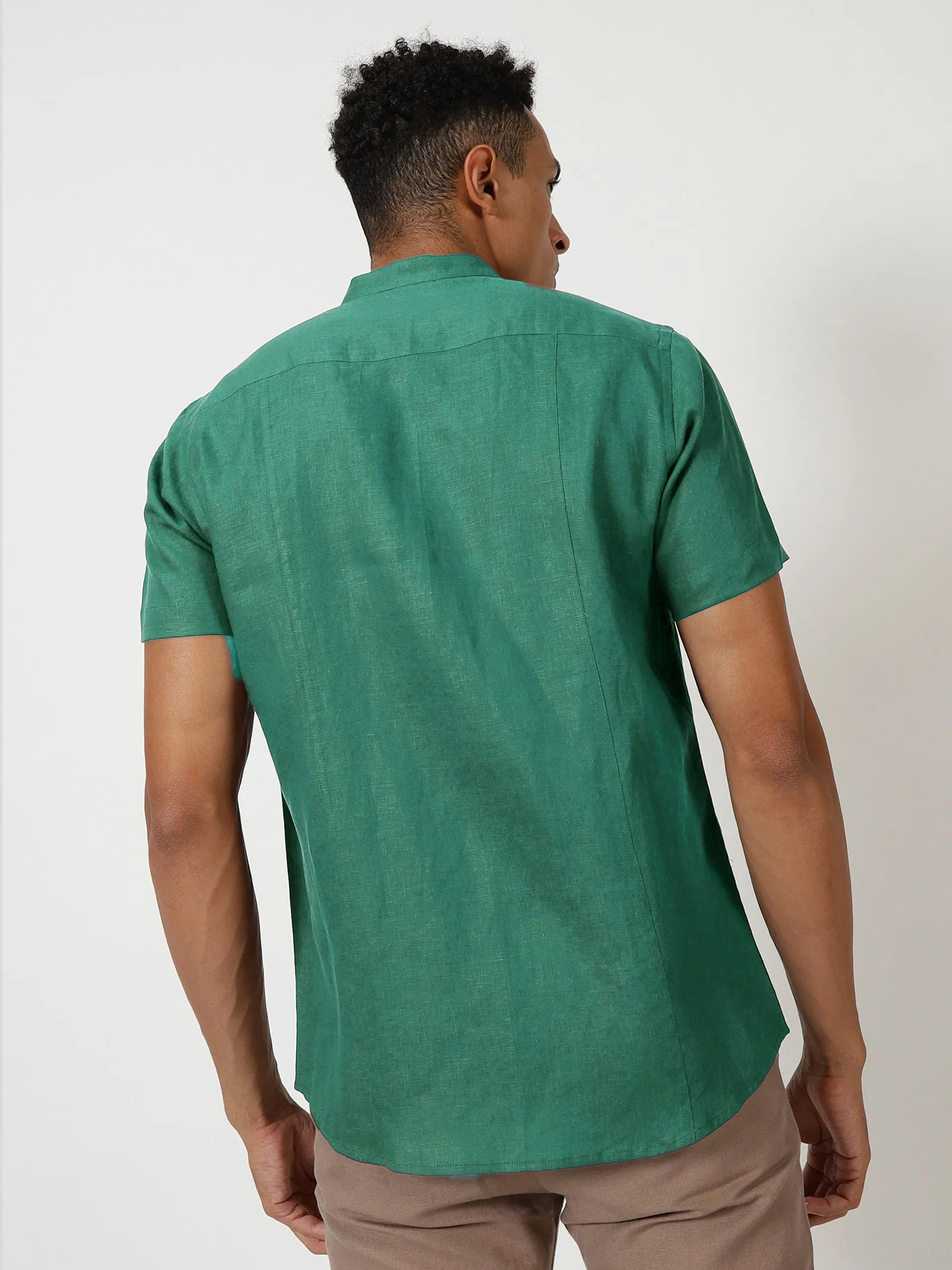 Trevor - Pure Linen Mandarin Collar Half Sleeve Shirt - Teal Green