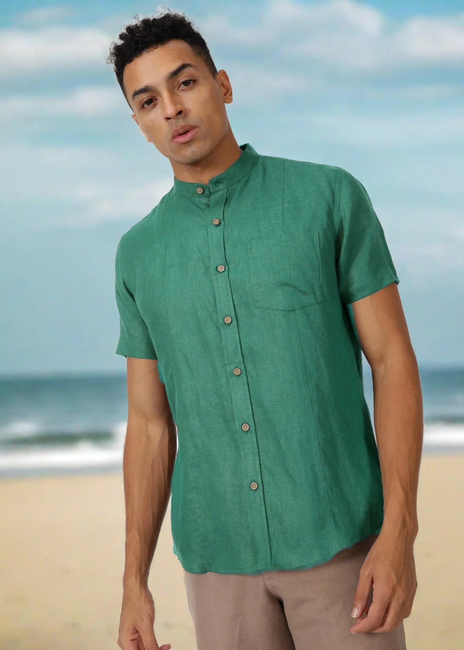 Trevor - Pure Linen Mandarin Collar Half Sleeve Shirt - Teal Green