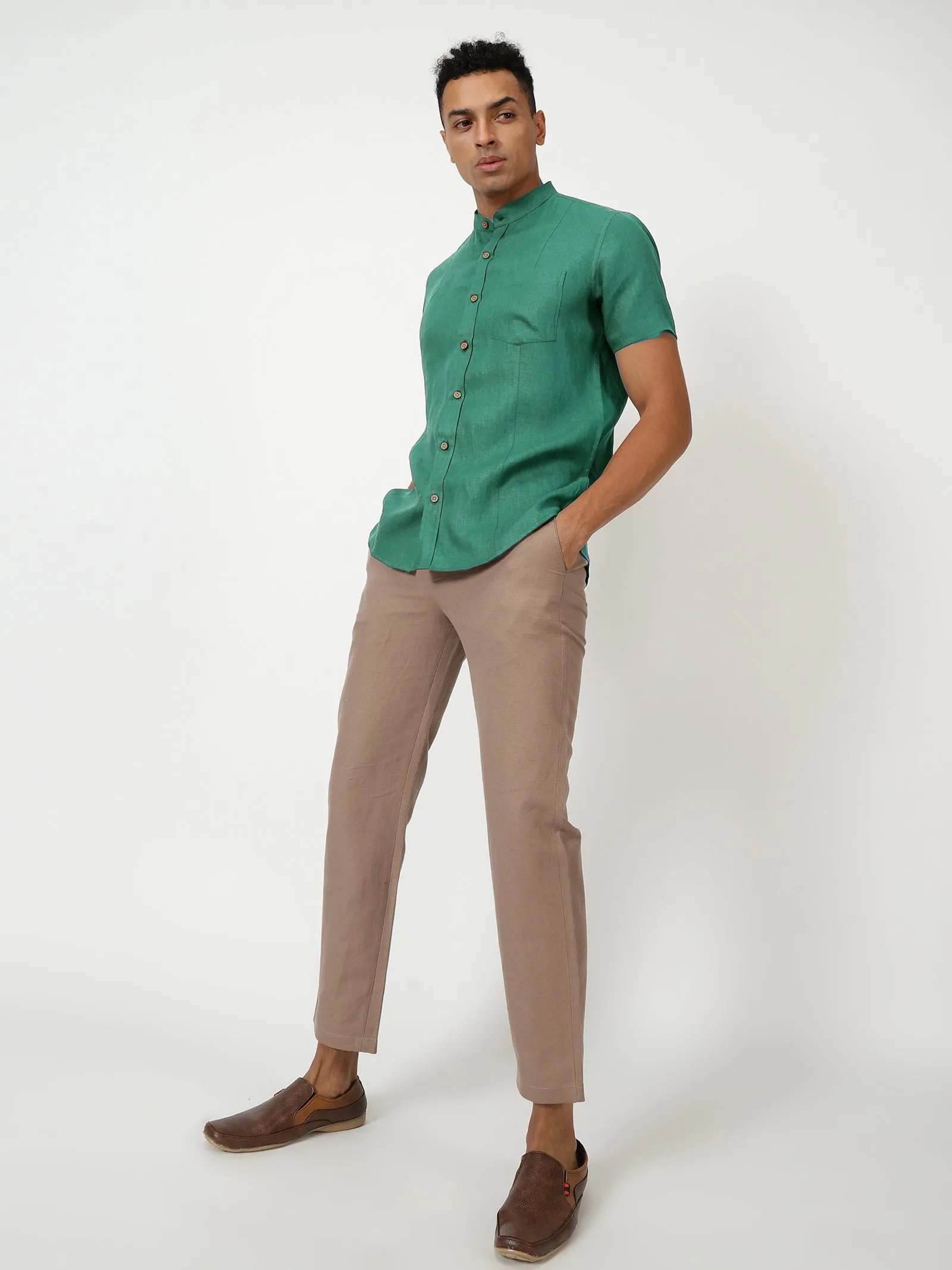 Trevor - Pure Linen Mandarin Collar Half Sleeve Shirt - Teal Green