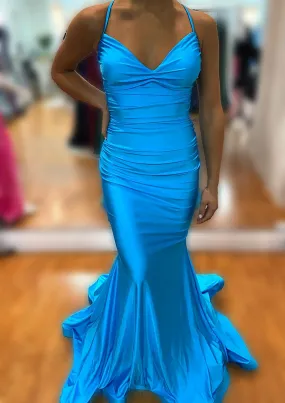 Trumpet/Mermaid V Neck Sleeveless Sweep Train Jersey Prom Dress With Pleated