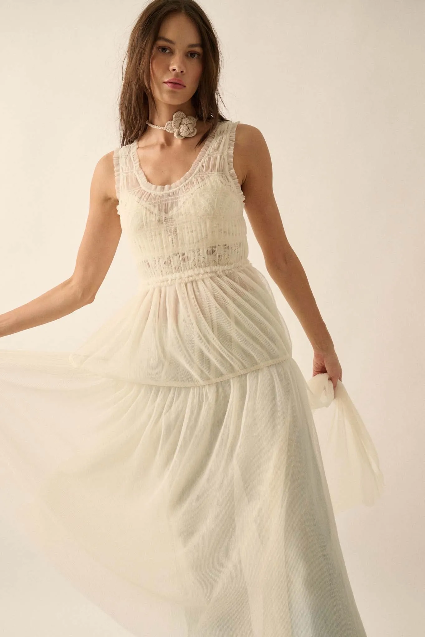 Tulle Time Sheer Smocked Tulle Maxi Dress