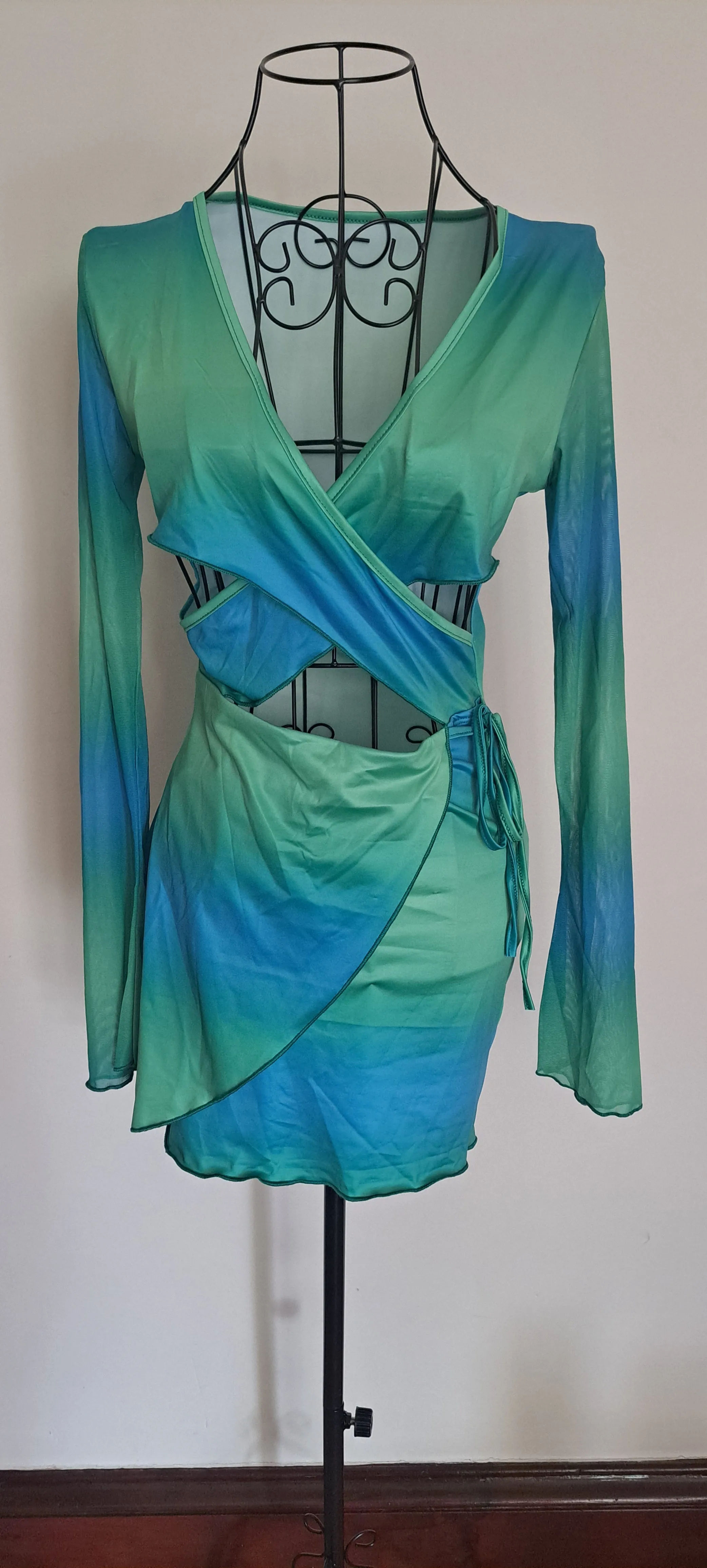 Turquoise Ombre Long Sleeve Top & Wrap Skirt Co Ord Dress