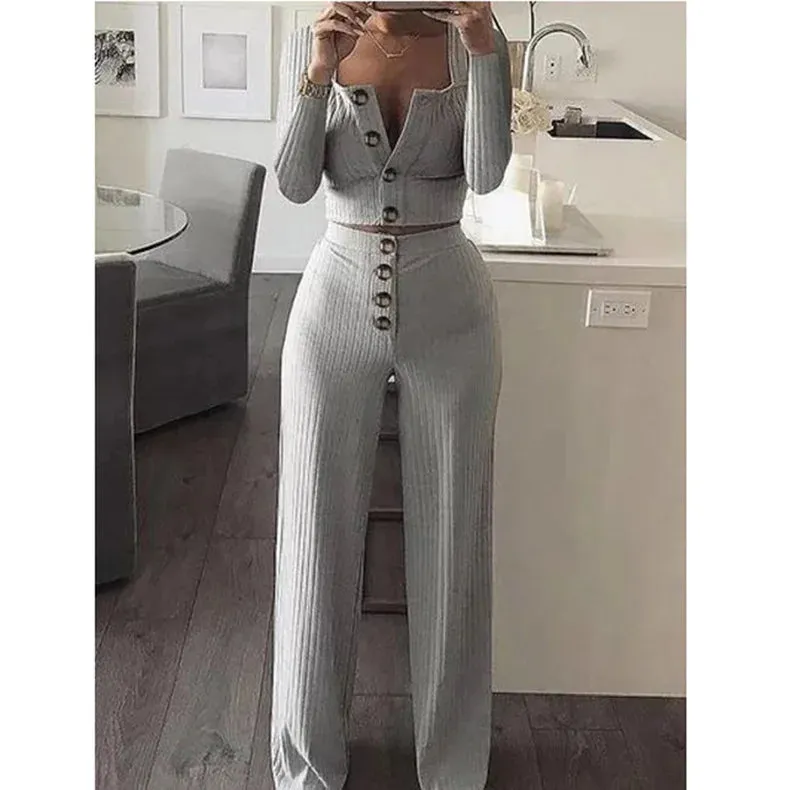 Two Piece Slim Fit V-neck Button Detailed Knit Crop Top and Wide Leg Pants Set (5 colors)