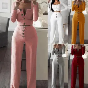 Two Piece Slim Fit V-neck Button Detailed Knit Crop Top and Wide Leg Pants Set (5 colors)