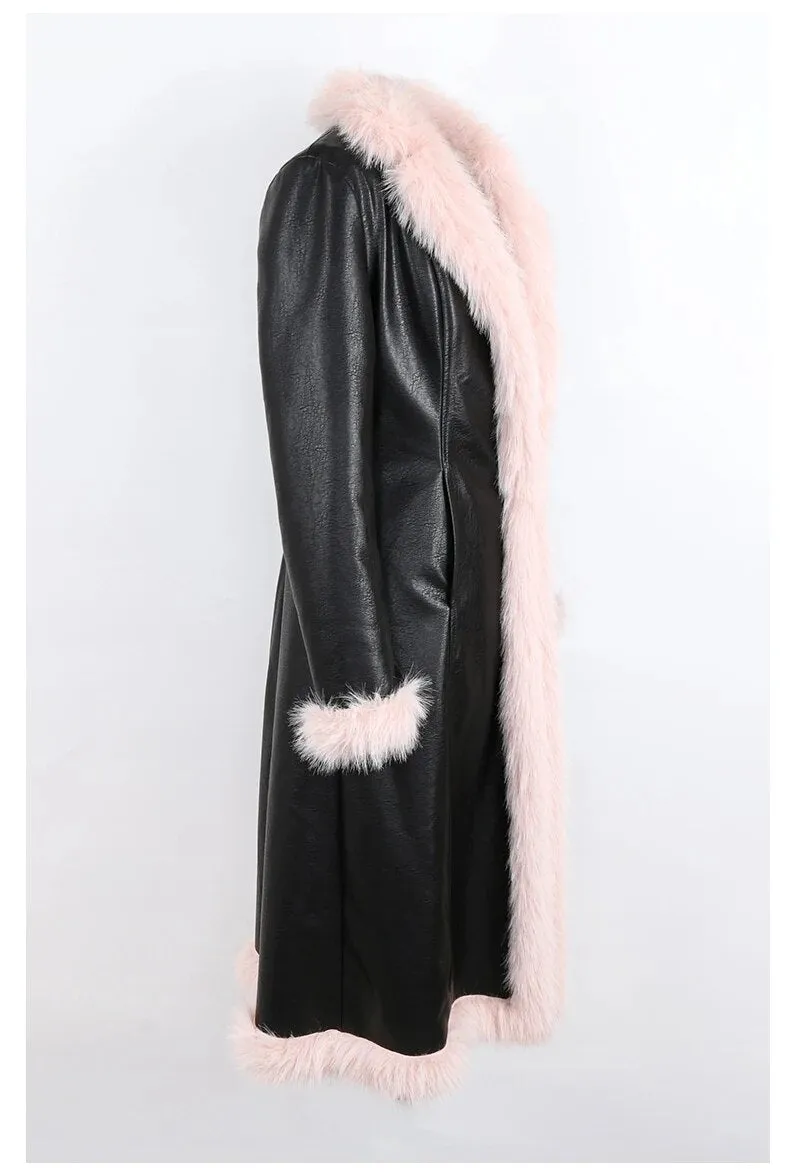 Two-Tone PU Faux Fur Parka Coat