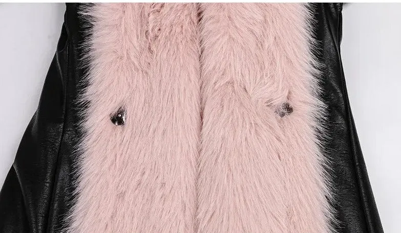 Two-Tone PU Faux Fur Parka Coat