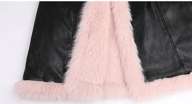 Two-Tone PU Faux Fur Parka Coat