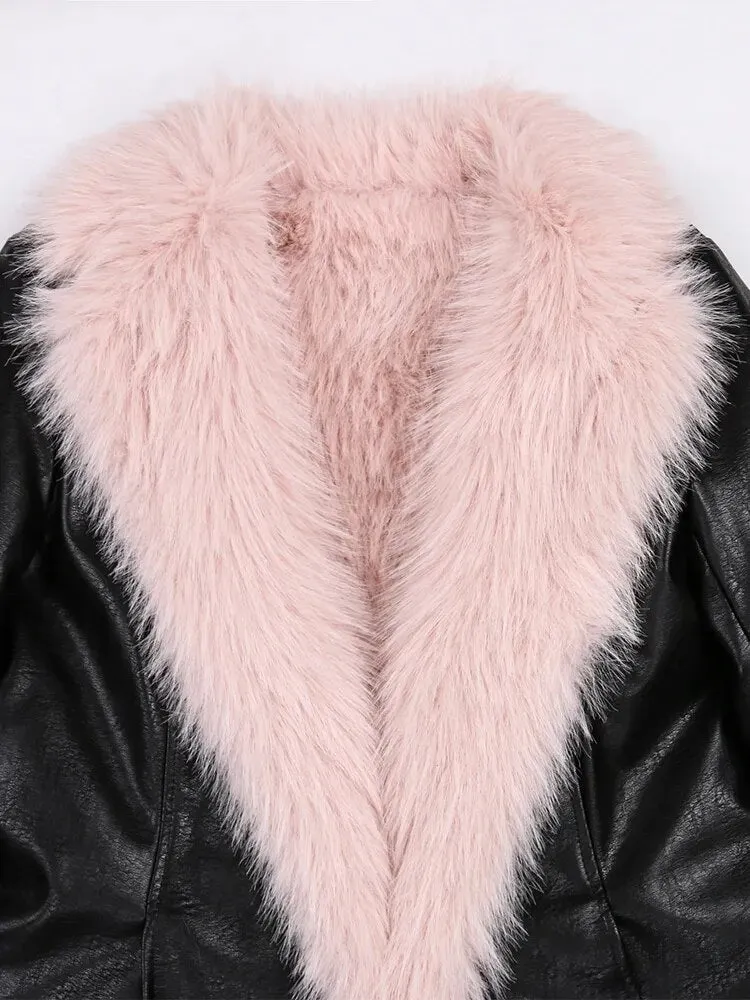 Two-Tone PU Faux Fur Parka Coat