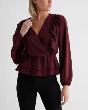 V-Neck Faux Wrap Flutter Ruffle Peplum Top in Wine