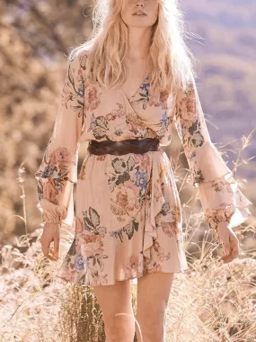 Vintage Floral Print Wrap Mini Dress V-Neck Long Sleeve Women Boho Dresses