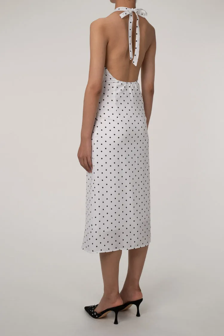 Vintage Polka Dot Plunge Halter Tie Open Back Beach Vacation Midi Dress