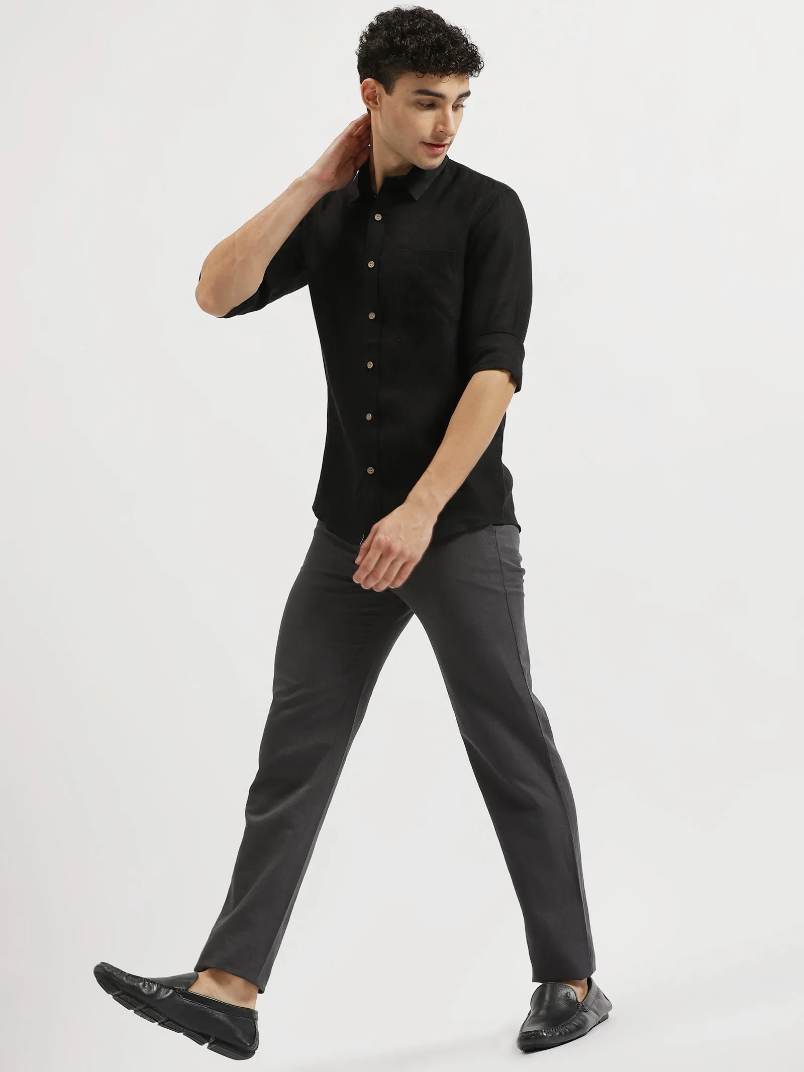 Web - Pure Linen Placket Detailing Full Sleeve Shirt - Black (Factory Rescue)