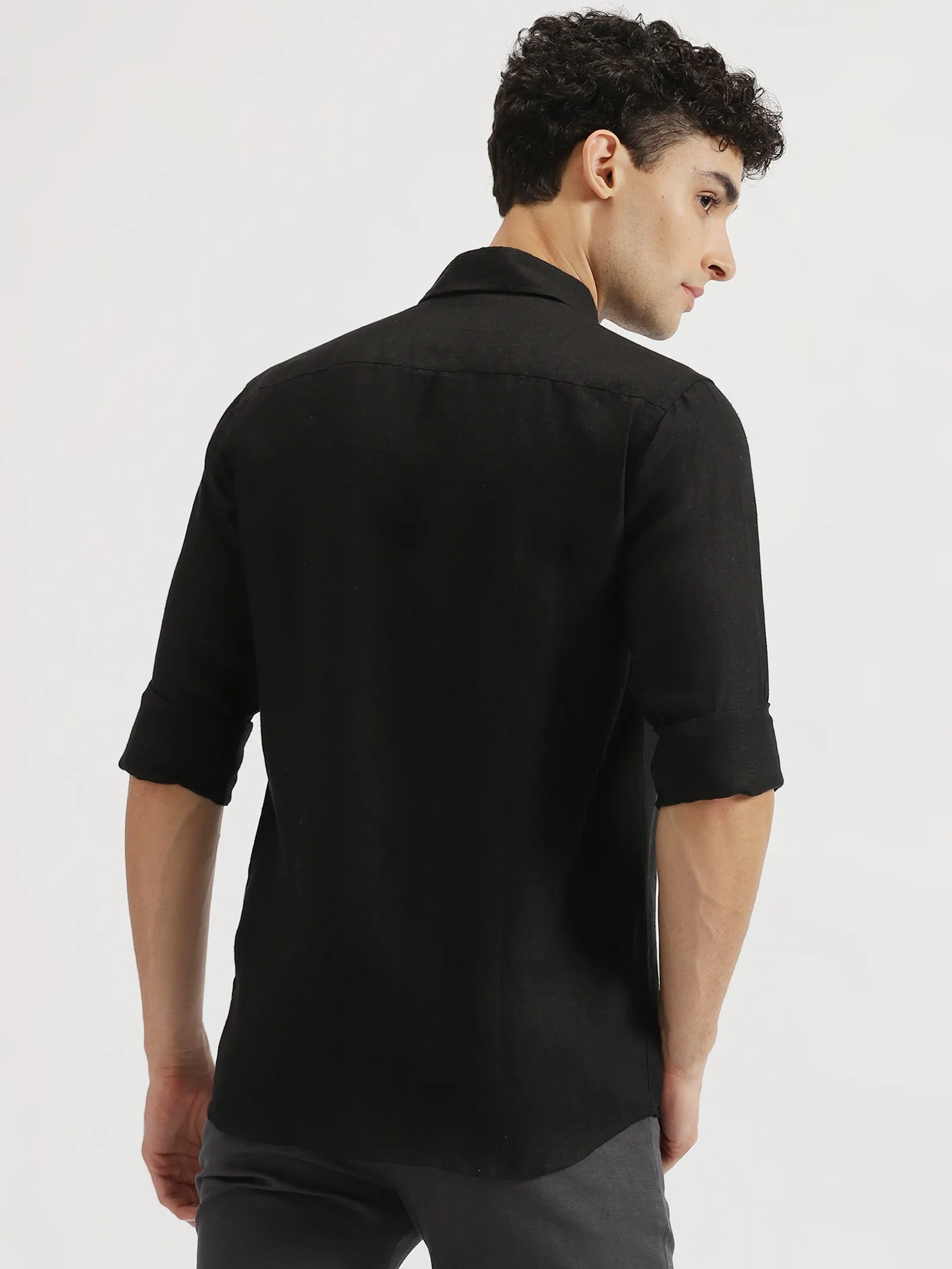 Web - Pure Linen Placket Detailing Full Sleeve Shirt - Black (Factory Rescue)