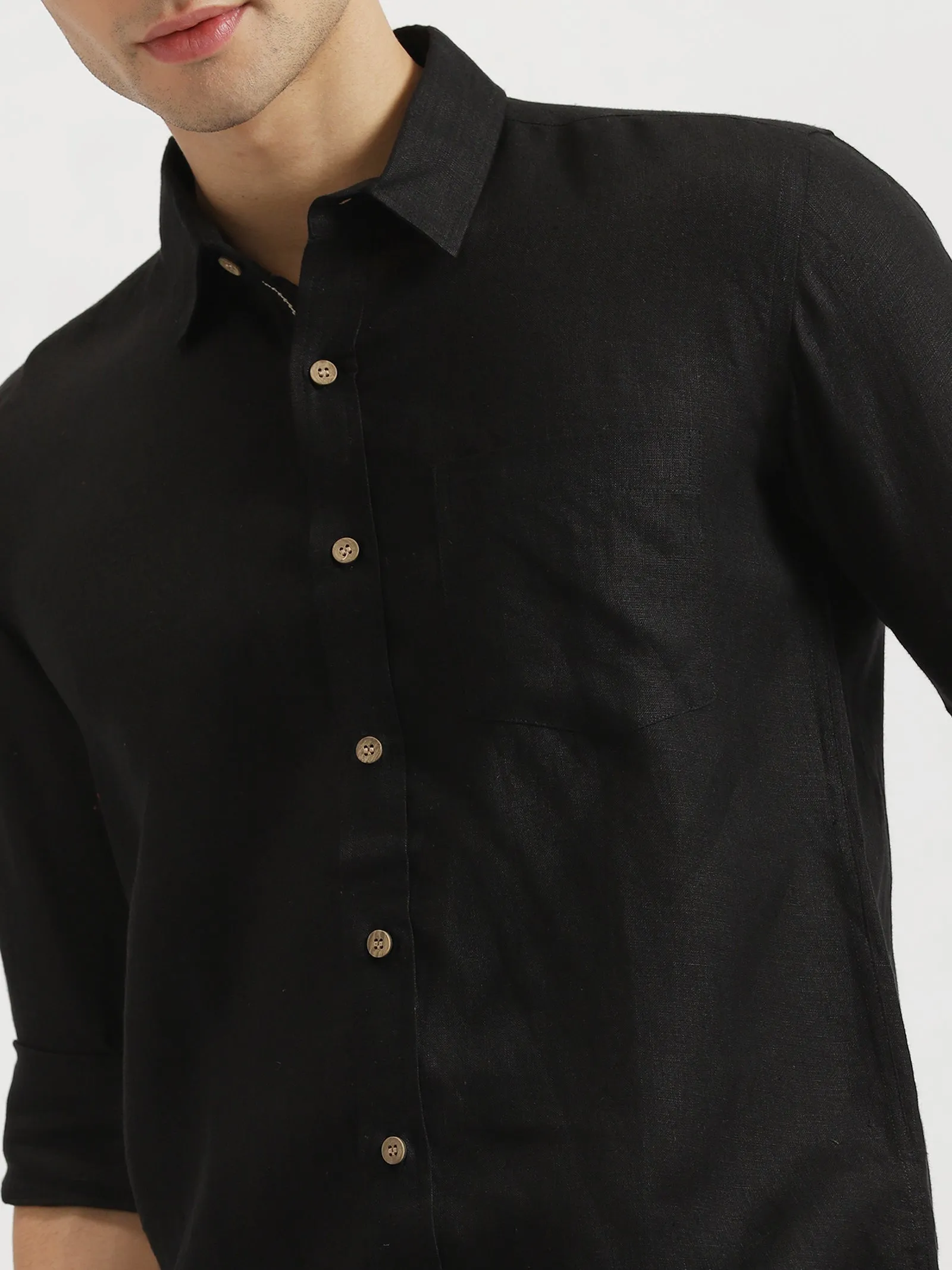 Web - Pure Linen Placket Detailing Full Sleeve Shirt - Black (Factory Rescue)