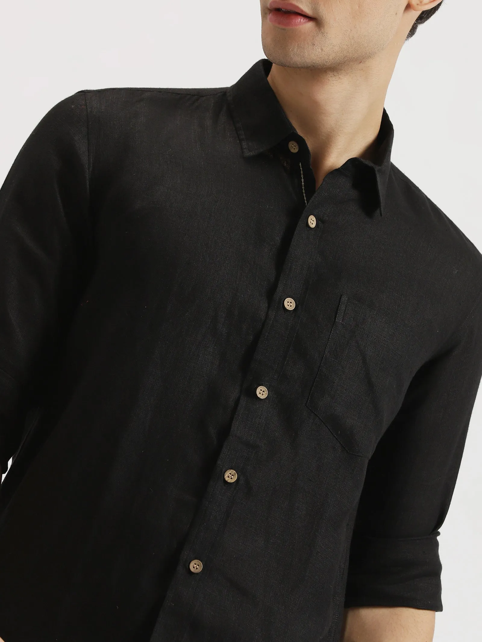 Web - Pure Linen Placket Detailing Full Sleeve Shirt - Black (Factory Rescue)