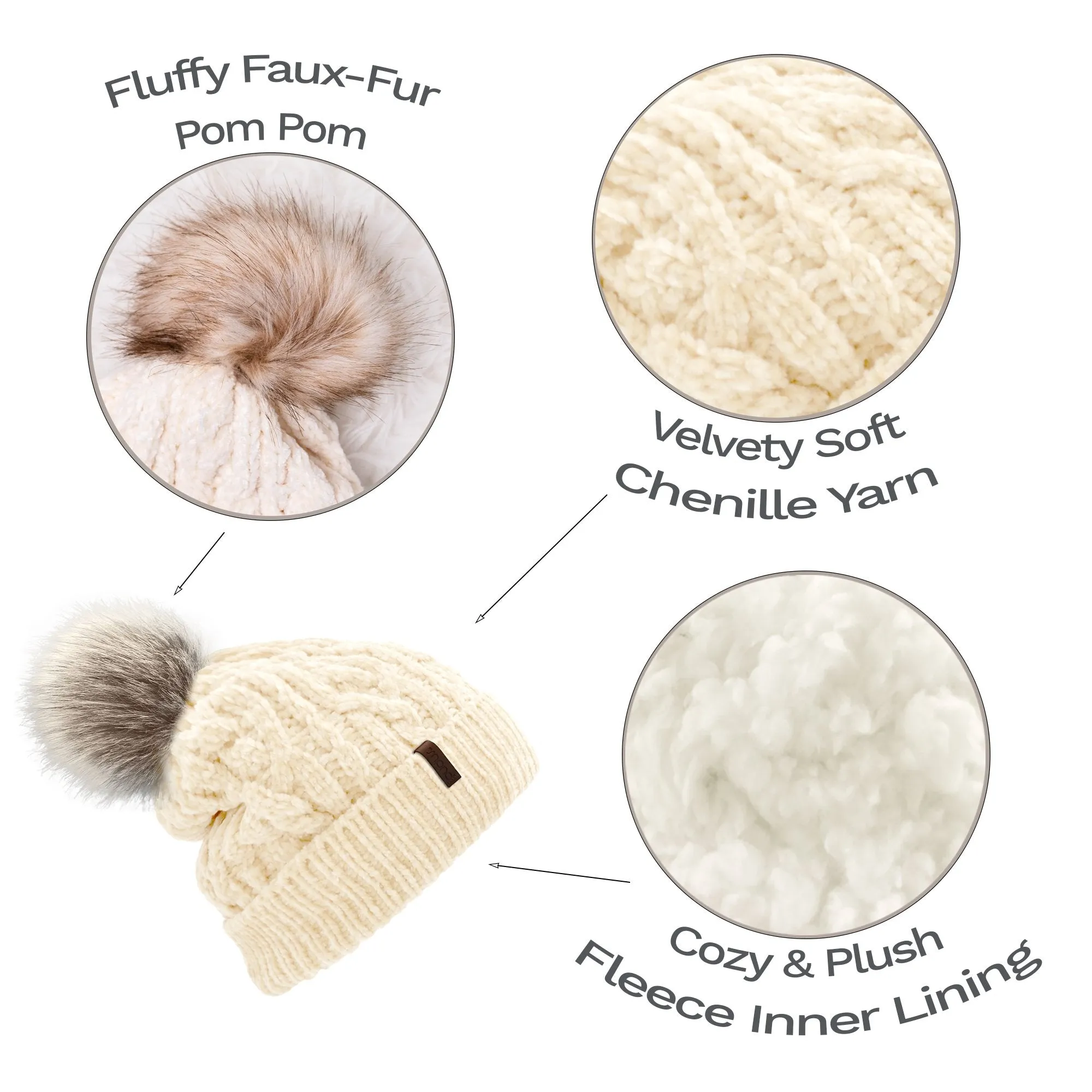 White Chenille Cable Knit - Beanie Hat Adult